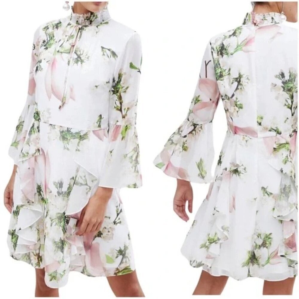 Ted Baker Ruffle Bow Neck Dress in Harmony Floral White Size US4